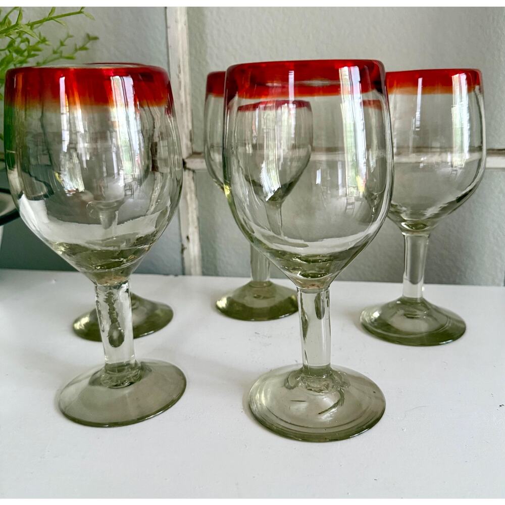 Mexican Hand Blown Wine Glasses, Red Rim Stemware, Artisan Blown Glass, Colorful